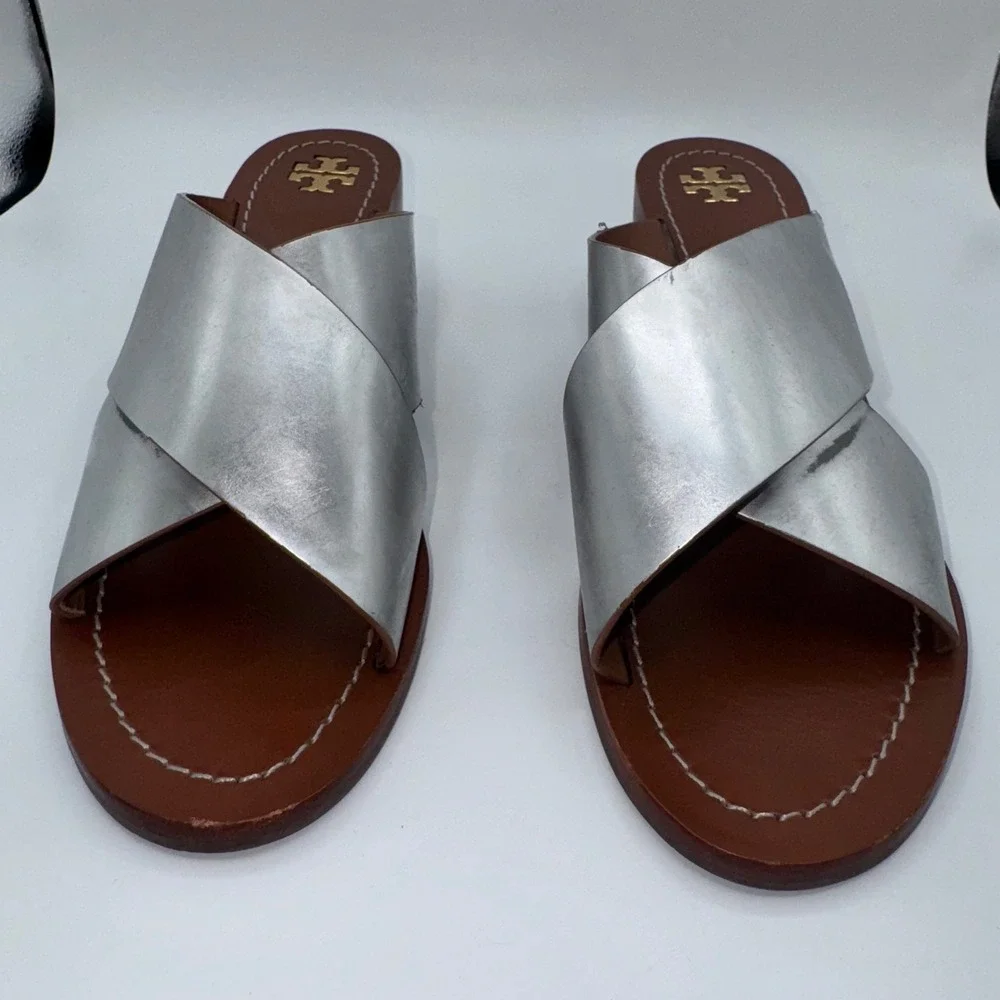 Tory Burch Heels Silver‎ Metallic Montrose Stacked Block Heel Slide Sandals 9.5